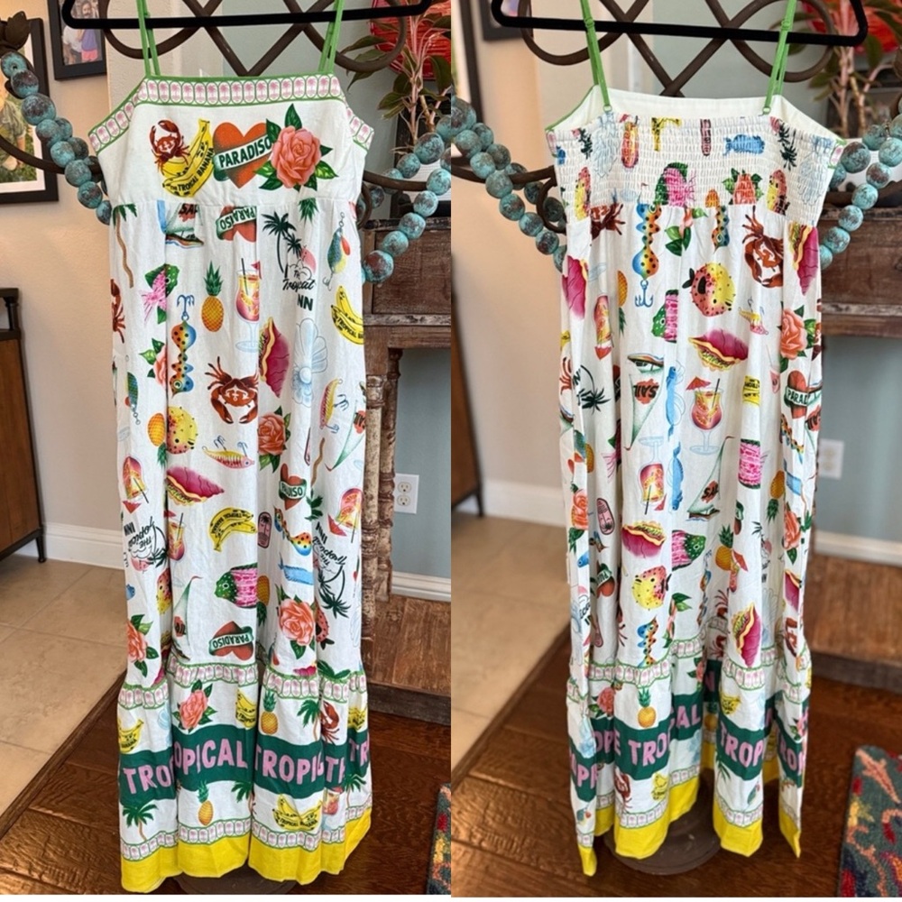Rachel Zoe Paradisio Linen Tropical Graffiti Maxi Dress Small
